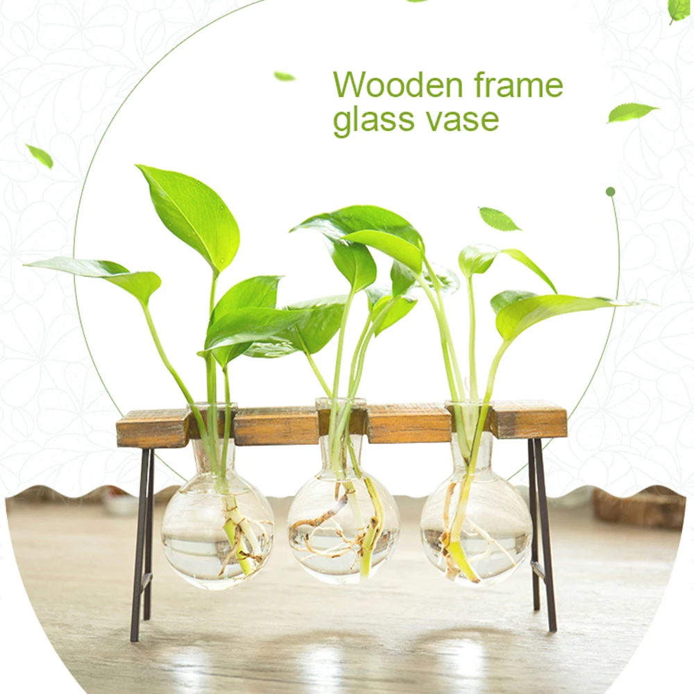 Terrarium Hydroponic Plant Vases Glass Vase Planter Vintage Flower Pot Tabletop Decoration Vase with Wooden Tray Home Decor 5