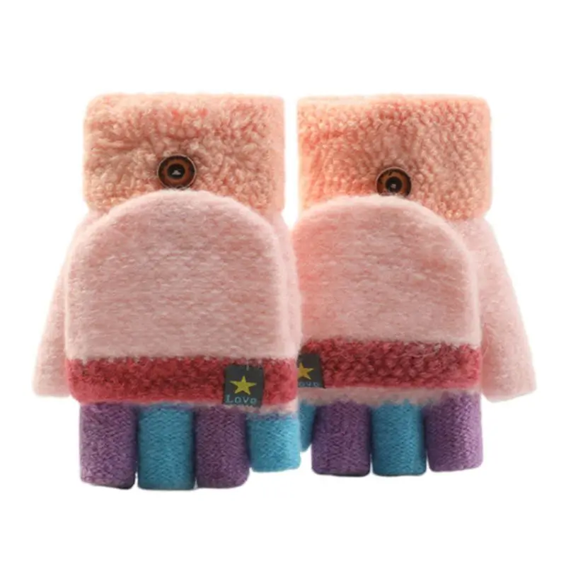 Зимние вязаные перчатки контрастного цвета без пальцев для малышей, толстые теплые перчатки для улицы С Откидывающейся Крышкой, варежки на половину пальцев - Цвет: Pink