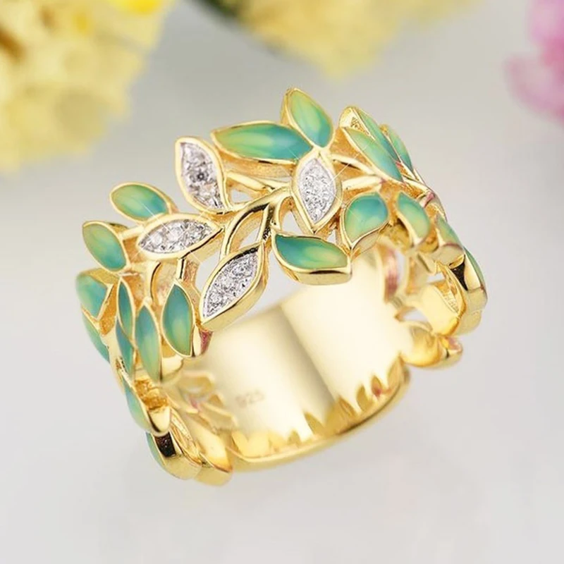 

Gorgeous Vine Design Green Leaves Yellow Gold Finger Rings Luxury Wedding Band Dazzling Crystal Engagement Rings Jewelry Z3M388
