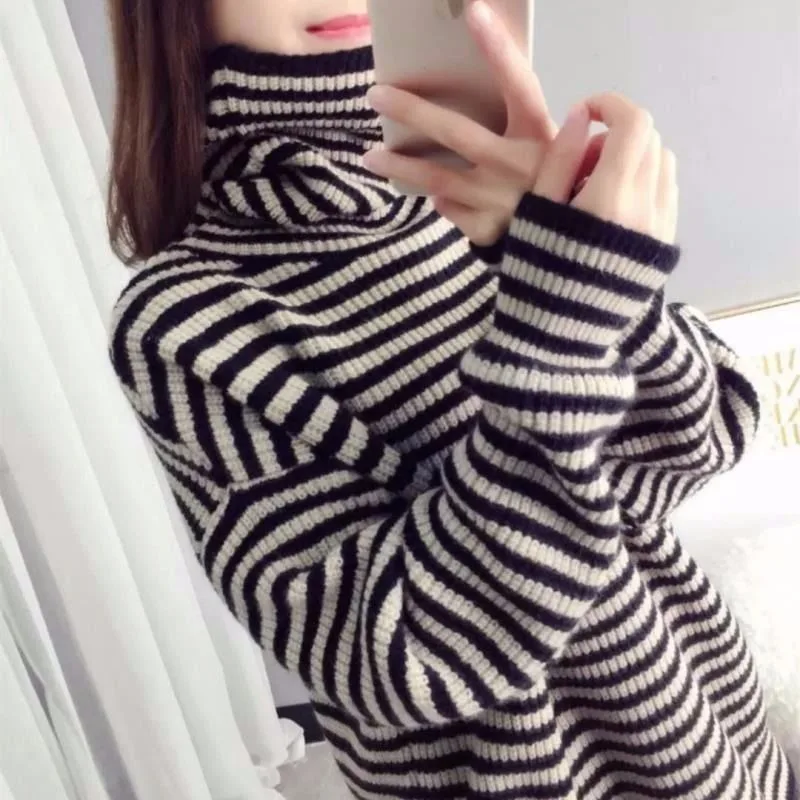

Ladies Sweater Turtleneck Loose Lazy Style 2020 New Long-sleeved Striped Knitted Bottoming Shirt Turtleneck Knit Long Sleeve
