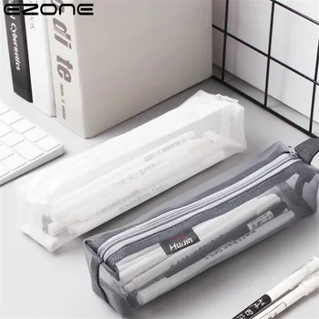 

EZONE Nylon Pen Bag Transparent Mesh Pencil Case Black/White/Grey Pencil Bag Zipper Design Portable Stationery Bag School Supply