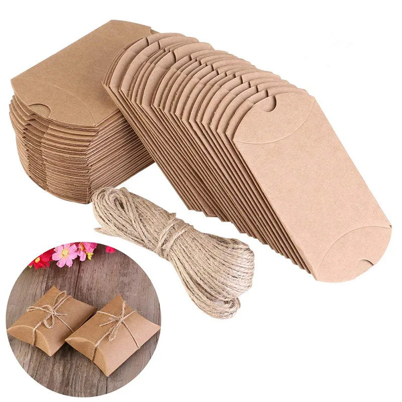 

100pcs/Set Cute Kraft Paper Pillow Favor Box Wedding Party Favour Gift Candy Boxes Home Party Birthday Supplies High Quality