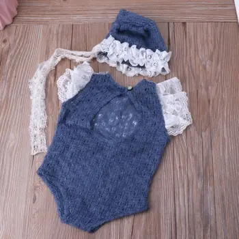 

Newborn Baby Infant Photography Props Boy Girl Outfits Cute Knit Crochet Hat and Romper Set Bebe Photo Clothes Jumsuit D08C