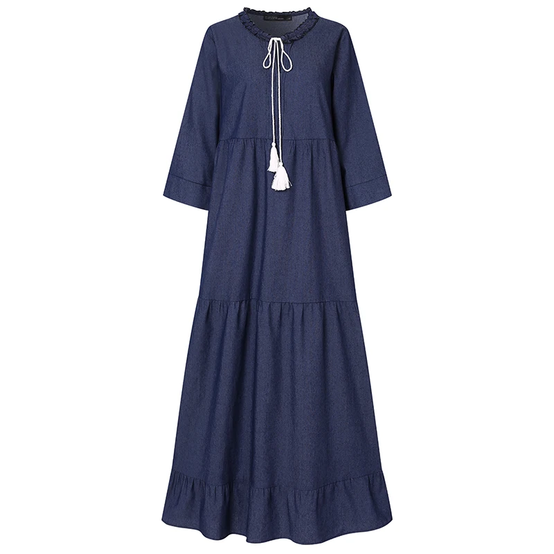 ZANZEA 2020 Casual Long Sleeve Maxi Vestidos Stylish Demin Blue Ruffle Dress Womens Autumn Sundress Female Solid Robe Oversized