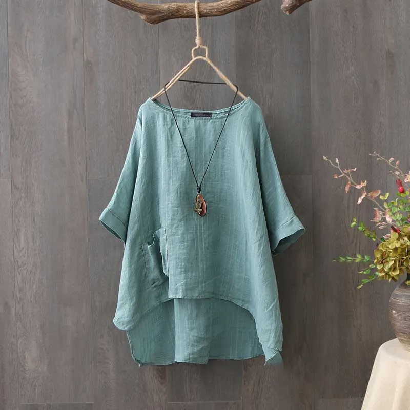 ZANZEA летняя блузка Женская туника с рукавом три четверти топы однотонная рабочая рубашка Повседневная Свободная винтажная хлопковая льняная Blusas Femininas Плюс Размер - Цвет: Зеленый
