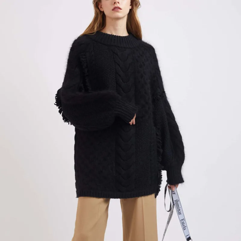 DEAT Solid Color Round Neck Long Sleeve Stitching Edging Hook Flower Knit Woman Sweater Casual Fashion Autumn New TV650
