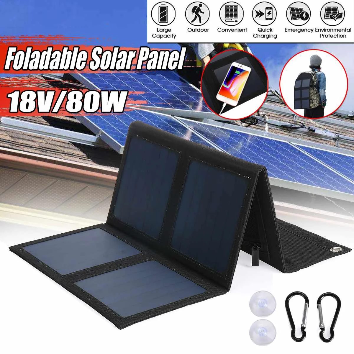

Portable Solar Panel Kit 18V 80W Foldable Solar Panel OutdoorHigh Efficiency Flexible Solar Panel Usb Hiking Backpack