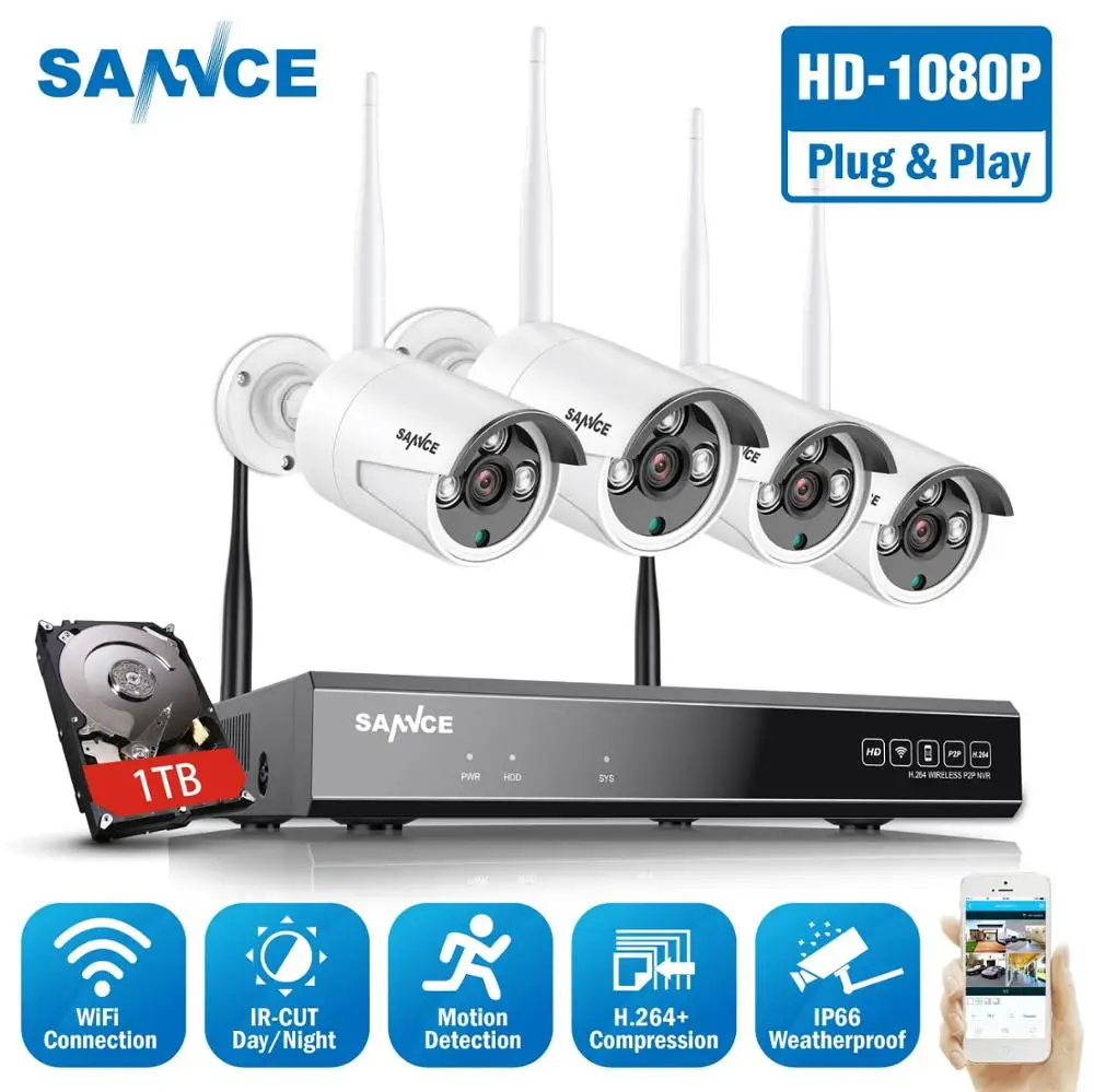 Беспроводная камера безопасности SANNCE 1080P 8 каналов 4 шт. IP66 защита от непогоды для