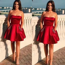 Дизайн милые дешевые без бретелек, сатин красный Мини Длина Дизайнерские официальные платья на выпускной бал вечерние платья