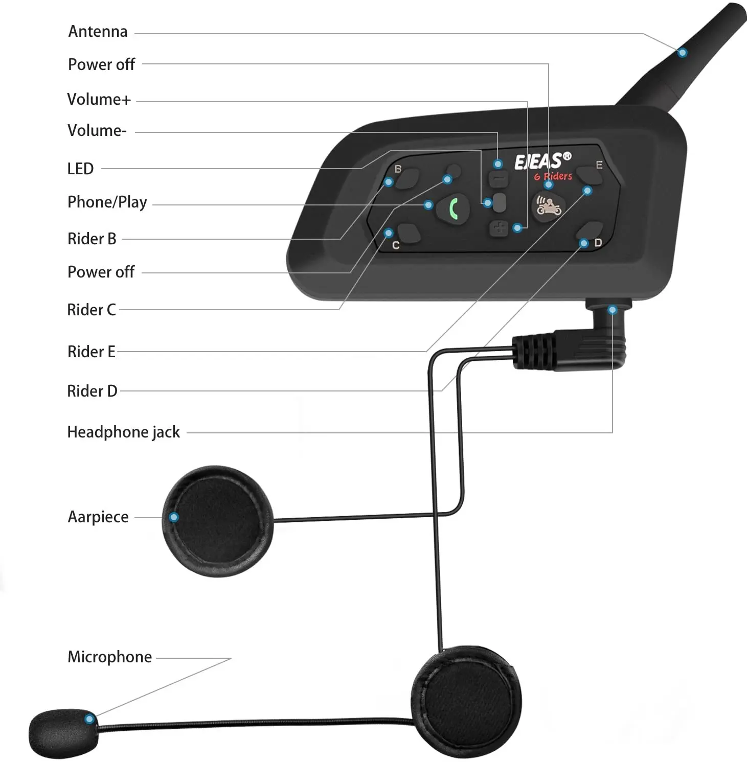 Intercomunicador para Motocicleta Interfone à Prova Ejeas Bluetooth d' Água v6 Pro 1200m 10 bluetooth, interfone, à prova d' água