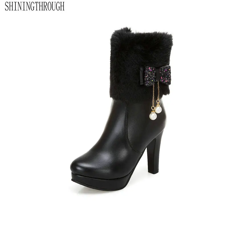 

2020 New Ankle Zipper Snow Boots Fashion Butterfly-knot Thin High Heel Women Shoes Ladies Winter To Keep Warm Party Shoes