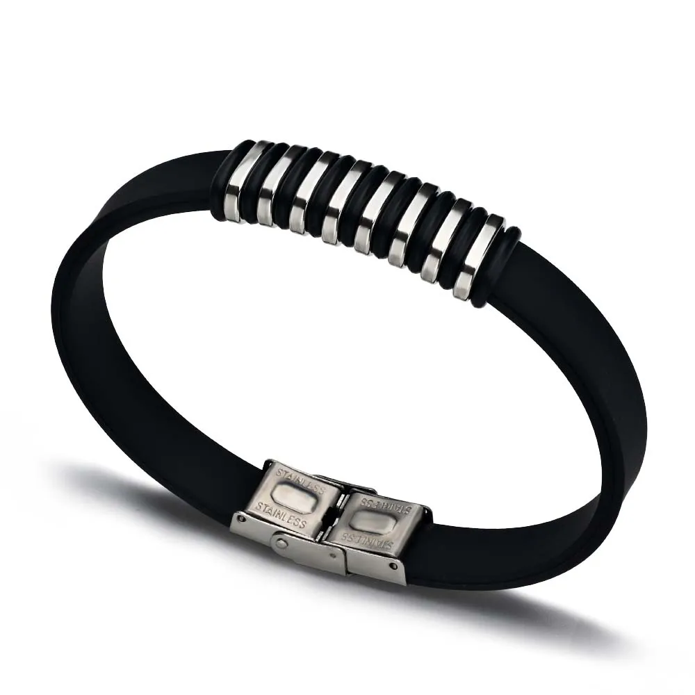 

2021 Fashion Jewelry Vintage Black Silicone Bracelet Charm Stainless Steel Combination Ring Men's Bracelet Accessories Pulsera
