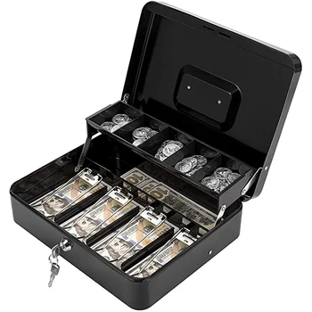 

Cash Box with Key or Combination Lock Large Metal Cash Box for Safe Storage Cash with 5 Coin Compartments ,4 Bills Spring Clips