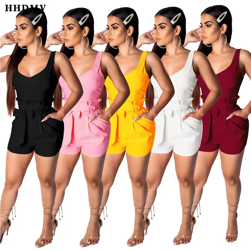 

HHDMV SMR9302 summer street style jumpsuits sleeveless round neck vest type sashes pockets pure color jumpsuits short pants