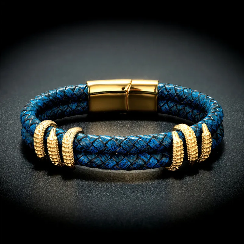 Fashion Men Stainless Steel Bracelet Retro Blue Gold Leather Micro-inlaid zircon Dragon Claw Punk Handmade Bracelets Jewelry | Украшения и