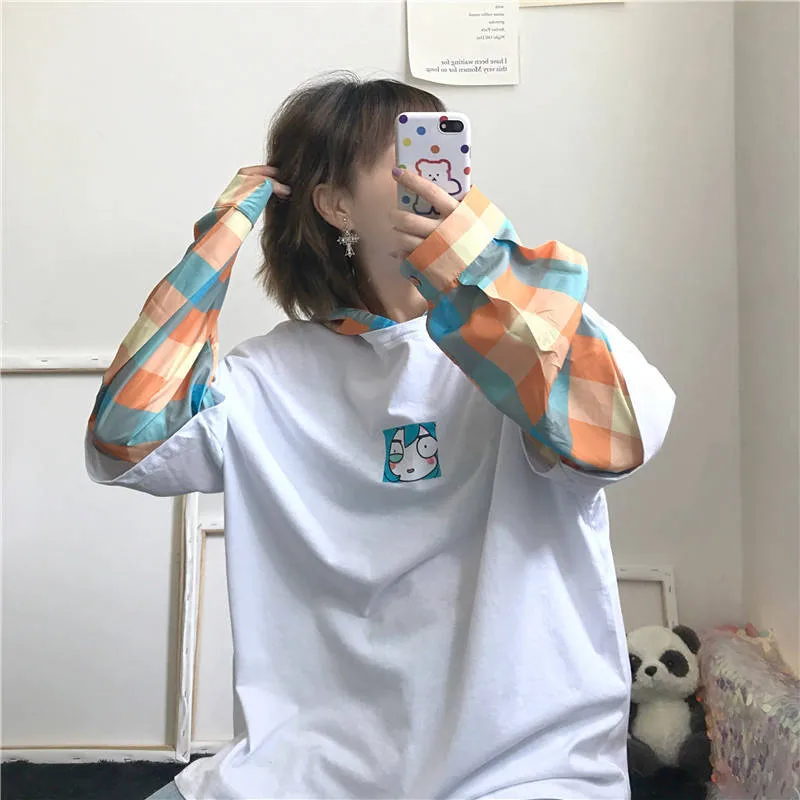 Милый принт Толстовка для женщин Kawaii Harajuku с капюшоном топы женские осенние толстовки с длинным рукавом О-образным вырезом модный клетчатый Анорак уличная одежда