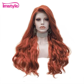 

Imstyle Copper Red Lace Wigs Wavy Synthetic Lace Front Wig Heat Resistant Fiber Glueless Lace Cosplay Wigs For Women 24 inch