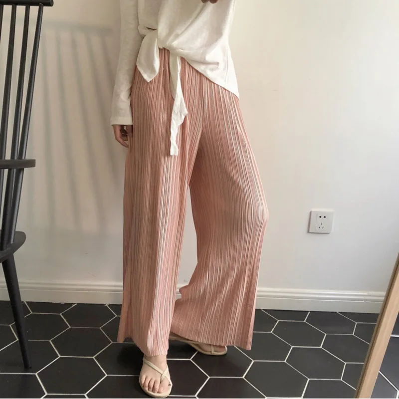 

LANMREM Nude Pink Elastic High Waist Pleated Wide Leg Trousers Loose Woman Casual Wild Simple Fashion 2019 Autumn New TV753