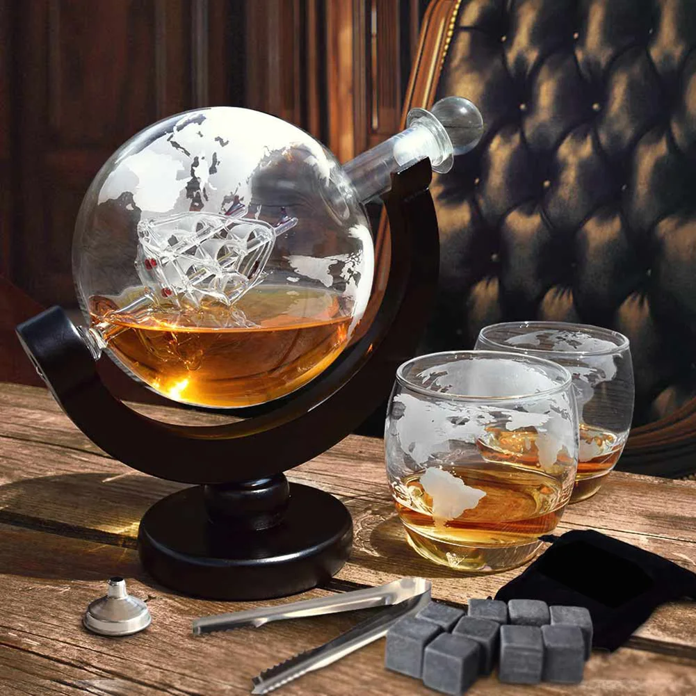 850mL Whiskey Decanter Globe with Lead-free Carafe Exquisite Wood-stand Whiskey Decanter Globe Grade Gift