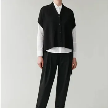 

2020 Spring Autumn Women's Black Vest Knitted V-neck Casual Cardigan Lace-up Buttons Solid Color Irregular Sweater