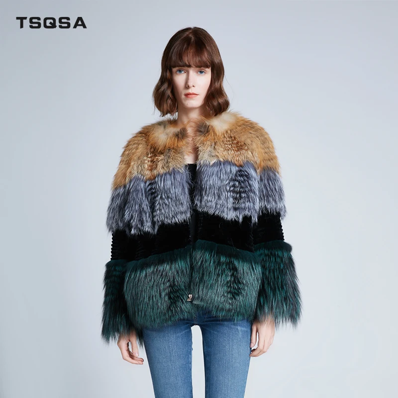 

TSQSA Women Winter Fox Fur Coat Fashion Silver Fox with Rabbit Fur Jacket Female Warm Overcoat Women's Fur Outerwear TAC1936