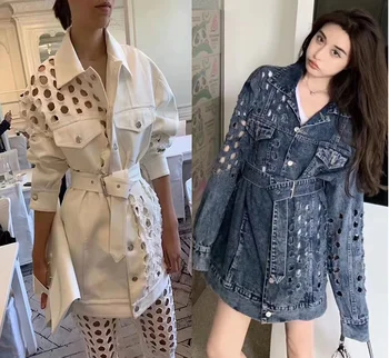 

M2001 Women Hole Denim Coat Autumn 2020 Lapel Personality Single Breasted Hollow Out Small Hole Medium Length Jacket M6