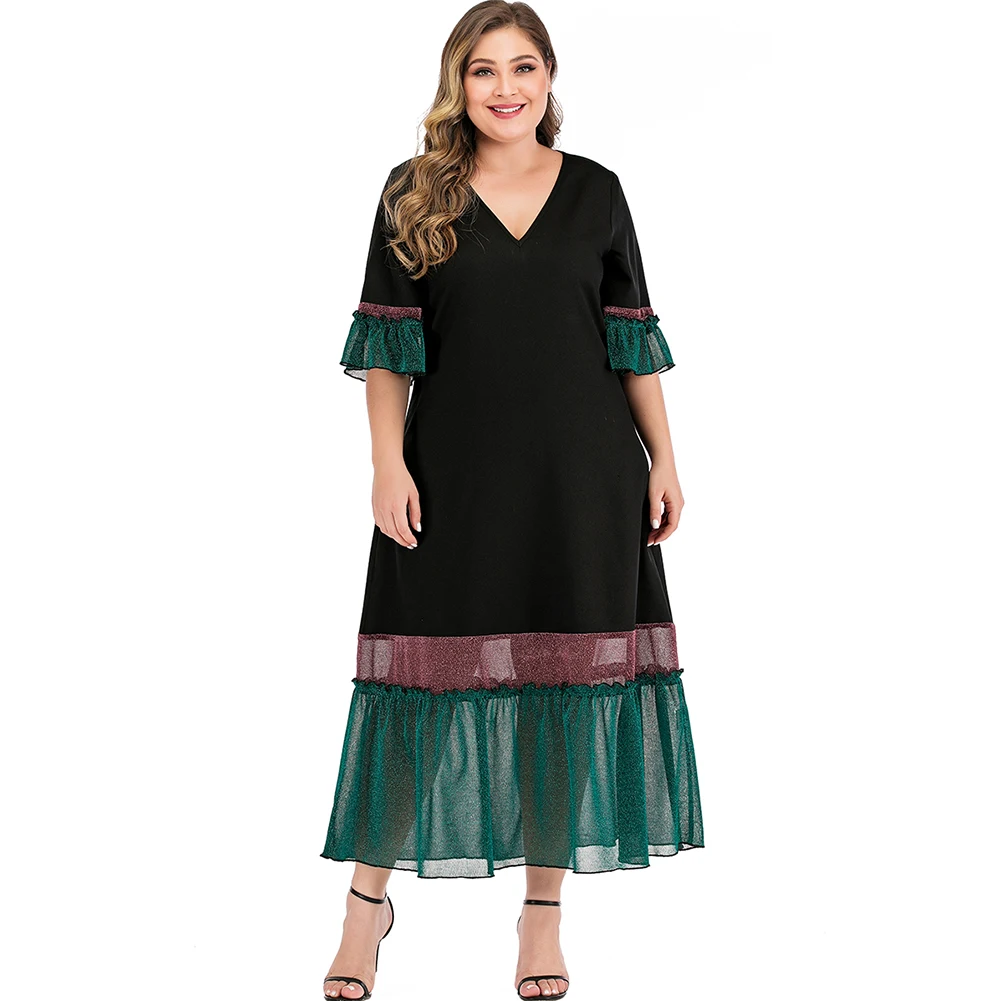

2019 Autumn V Neck Waist Belt Party Dress Women Ruffle Sleeve Casual Party Dress Stitching Color Female Vestido Plus Size