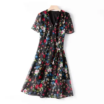 

Daisy Flowers Print Midi Dress For Women 2020 Spring Summer V-neck Short Sleeve Waist wrap Female Holiday Party Soft Dresses