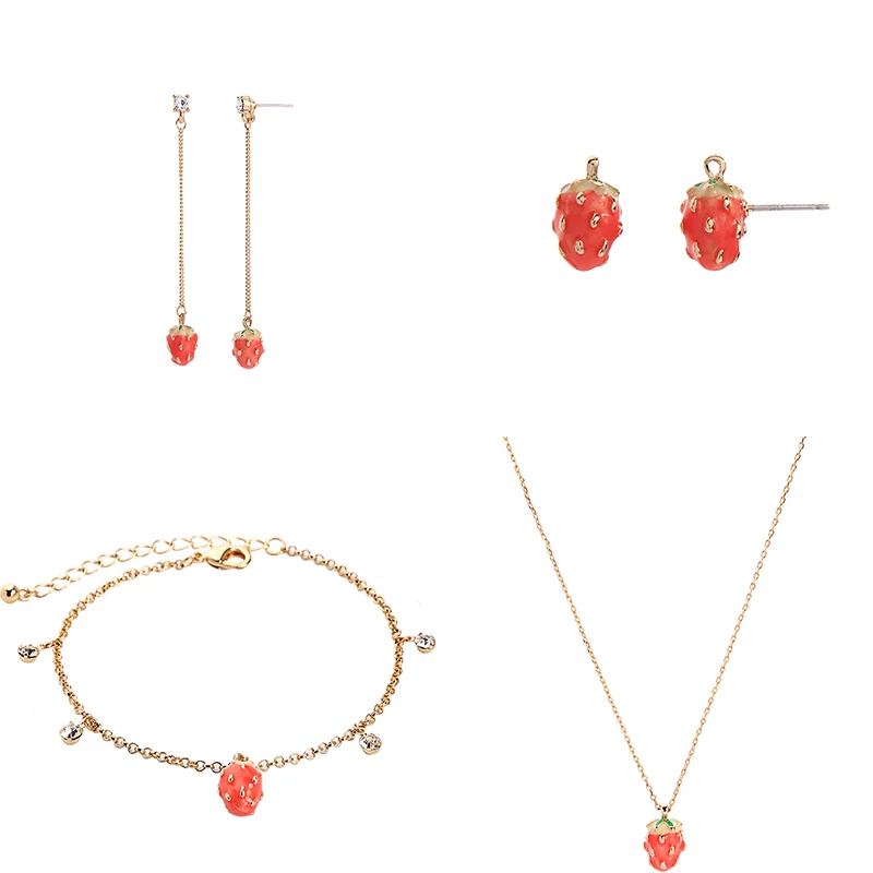 

Enamel Strawberry Jewelry Sets Gold Color Mini Pendant Necklace Crystal Bracelets Stud Earrings For Women Wedding Gift New