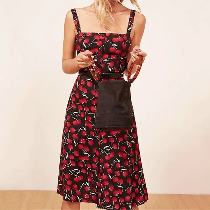 

Summer Women Cherry Print Midi Dress Sexy Spaghetti Strap Holiday Dress Elegant Female Backless Beach Dress