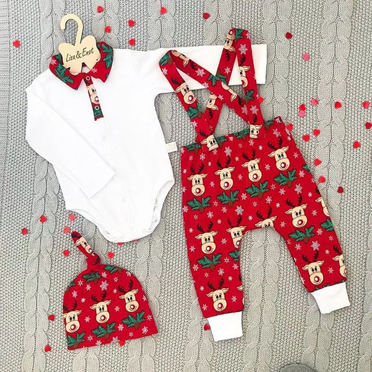 Emmaaby/Одежда для новорожденных мальчиков и девочек комбинезон с длинными рукавами, топы, комбинезон на лямках шапка, 3 предмета, Рождественский комплект, осенне-зимняя одежда