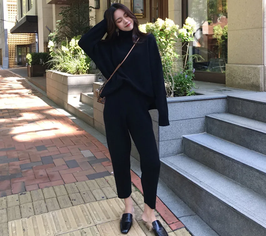 autumn winter Women Turtleneck Warm Knit Tracksuit Fashion Split Knitted Sweater 2 Piece Set Elastic Waist Pants Suits
