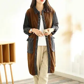 

2020 ZANZEA Spring Corduroy Jackets Women Long Sleeve Thin Coat Vintage Lapel Patchwork Long Tops Vestidos Female Blusas Tunic