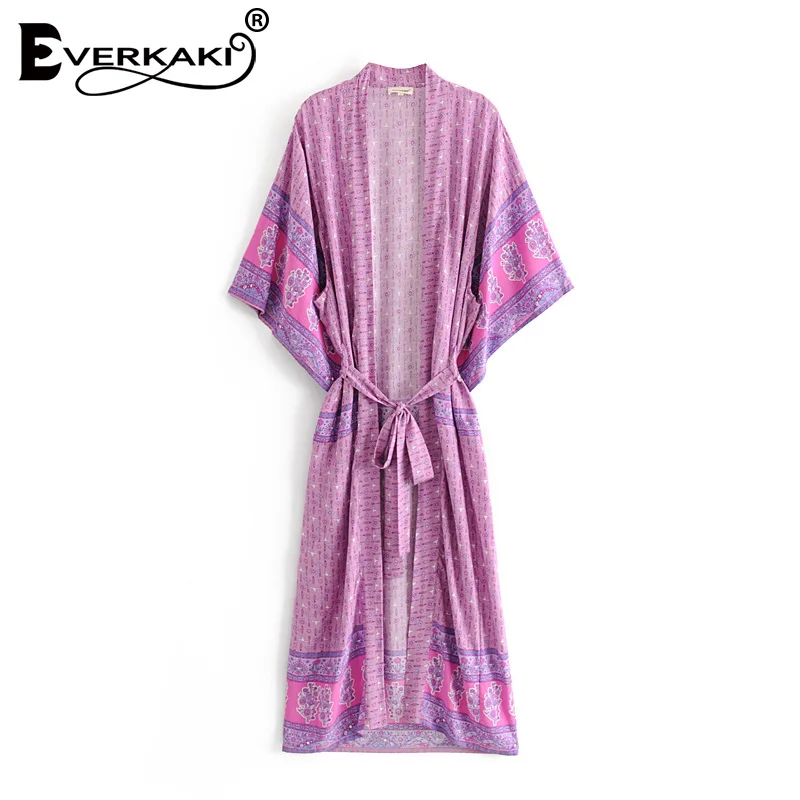 Everkaki Boho пальто кимоно женское с поясом осеннее длинное цветочным принтом