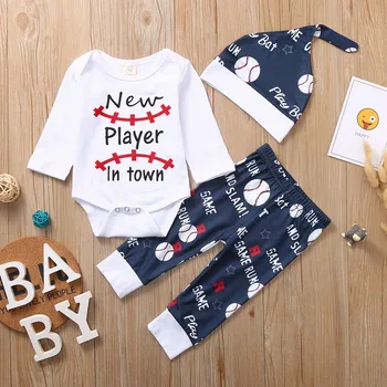 

3 Pcs Baby Christmas Outfits Romper Infant Newborn Baby Boys Letters Romper Soccer Balls Print Pants Trousers Hat Set Outfits