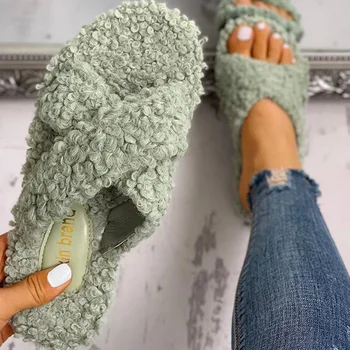 

Women Slipper Solid Fluffy Crisscross Design Platform Fur Sole Luxury Mules Ladies Slides Party Sandals Zapatos De Mujer