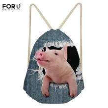 FORUDESIGNS Polyester Drawstring Bags 3D Animal Pig Cow Blue Denim Design Women Gym Bag Female Reusable Travel Shopping Bagpack