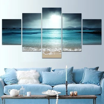 

Landscape HD Poster Modern 5 Panel Sunset Seascape Beach Canvas Painting Modular Wall Art Print No Frame For Living Room Home De