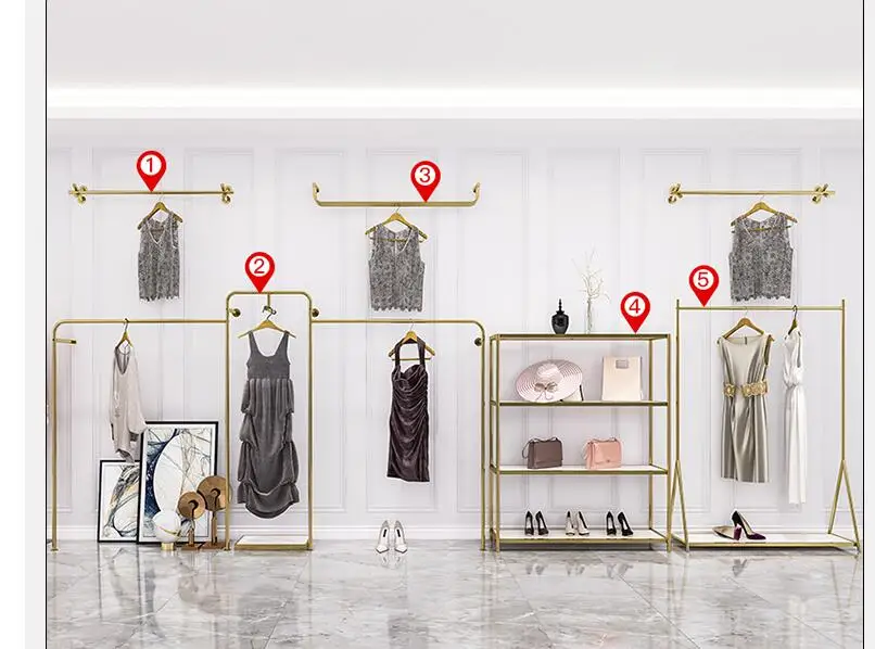 Clothing display rack wall stainless steel gold middle island side hanging shelf of women's clothing store display shelves
