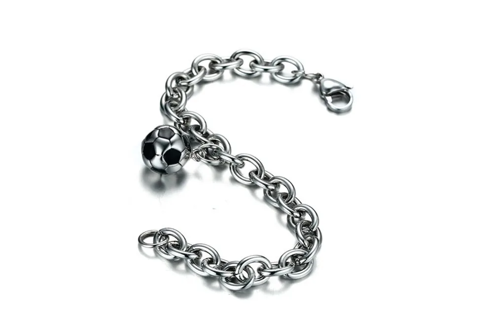 Fashion Mens Chain Bracelet with Soccer Ball Charm Stainless Steel Football Sports Jewelry Lobster Claw 16