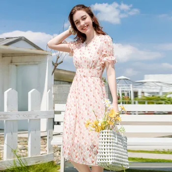 

Women Sweet V-neck Dress 2020 Summer Elegant Ladies High Waist Slim Short Sleeve Cute Love Print Chiffon Dresses