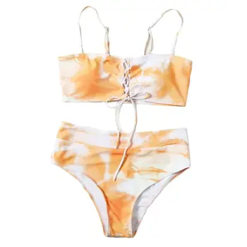 

Womens Two Piece Bikini Set Tie-Dye Solid Swimsuit Criss Cross Lace Up Beachwear M68D