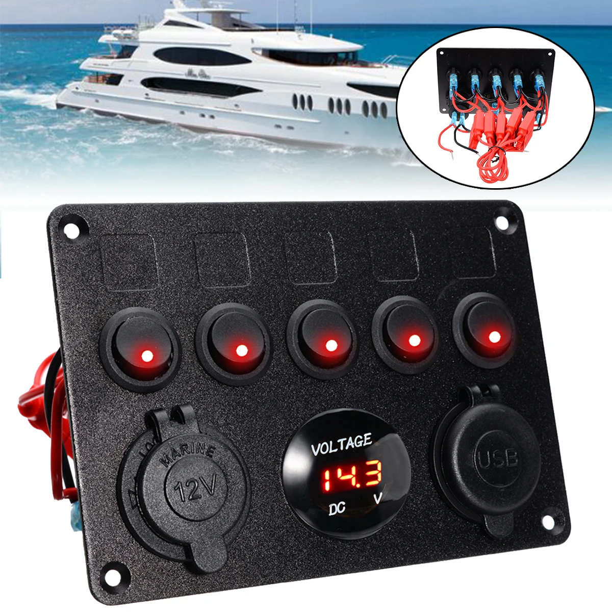 

Mayitr 1pc 12-24V 5 Gang ON-OFF Toggle Switch Panel Dual USB Socket Charger Red LED Voltmeter For Car Boat Marine RV Truck