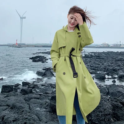 Fashion women solid loose comfortable trench new arrival autumn winter korean double breasted temperamental trend outerwear coat - Color: Green