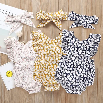 

2020 Newborn Baby Girl Clothes Baby Summer Clothing Sets Ruffled Sleeveless Bodysuit Solid Playsuit Jumpsuit Outfits Sunsuit