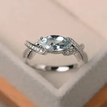 

New S925 Sterling Silver Ring European and American Inlaid Sea Blue Topaz Horse Eye Shape Ladies Engagement Ring