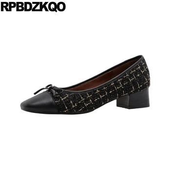 

block black square toe low heels pumps bow chunky size 4 34 luxury brand women shoes 2019 genuine leather gray slip on designer