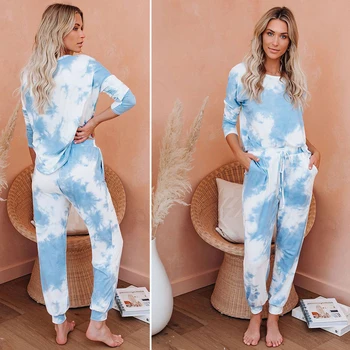 

2pcs Tie-dye Women Casual Loungewear Sleepwear Pajamas Pullover Long Sleeve Tops+Pants Sports Pockets Pyjamas Homewear Clothing