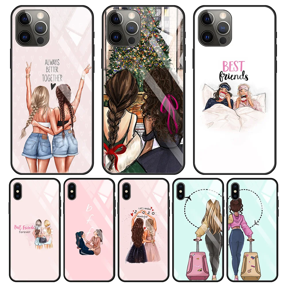 Tempered Glass Case For iphone 12 11 pro max mini xs xR X 8 7 6 6S Plus SE Shell Smartphone Girls Bff Best Friends Forever | Мобильные