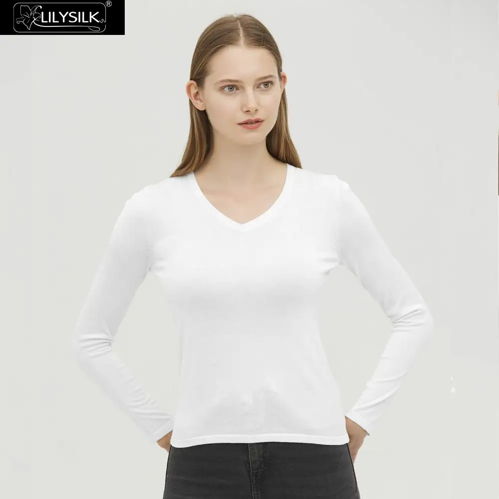 White LilySilk футболка с v-образным вырезом из шелка Джерси Базовая супер мягкая Женская Новинка - Color: White